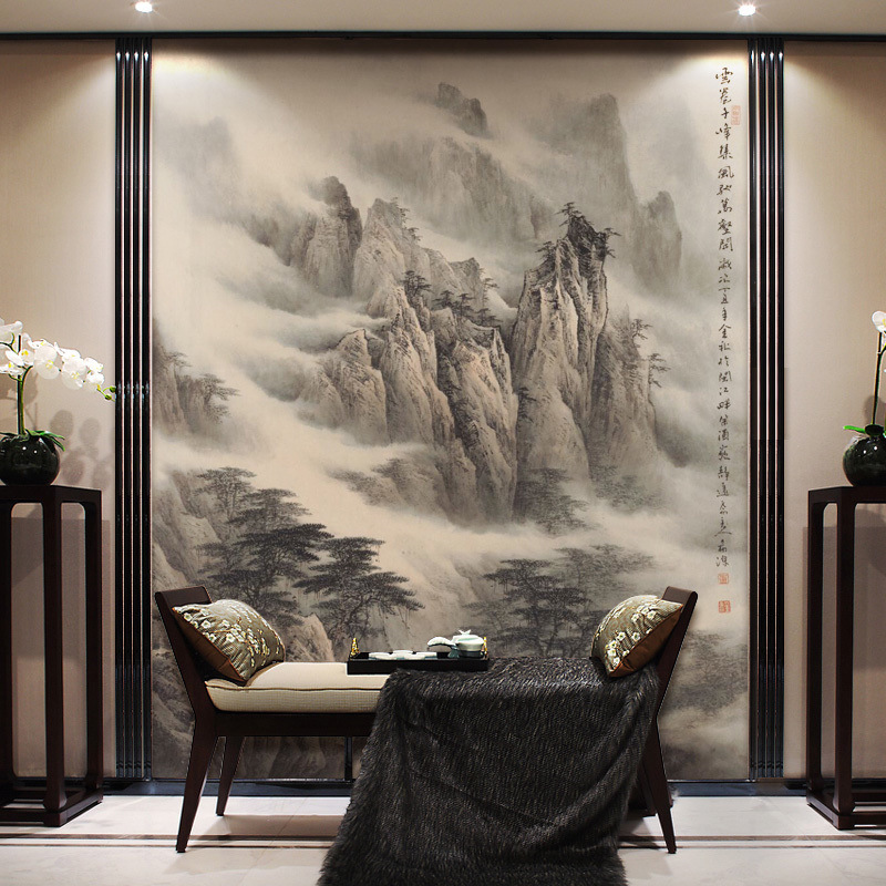 古风大气电视背景墙壁纸中式挑空别墅水墨壁画山水传统书画布墙布