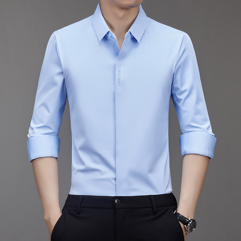 秋季新款暗门襟无痕长袖衬衫男款中年商务休闲爸爸装翻领男士衬衣