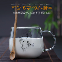 加厚耐热玻璃杯子家用大号牛奶泡麦片早餐杯带勺带把水杯透明茶杯