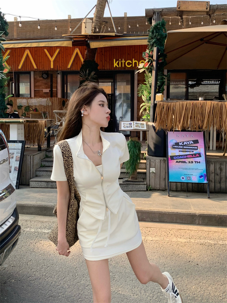 休闲运动套装女夏季立领短袖拉链外套吊带上衣包臀半身