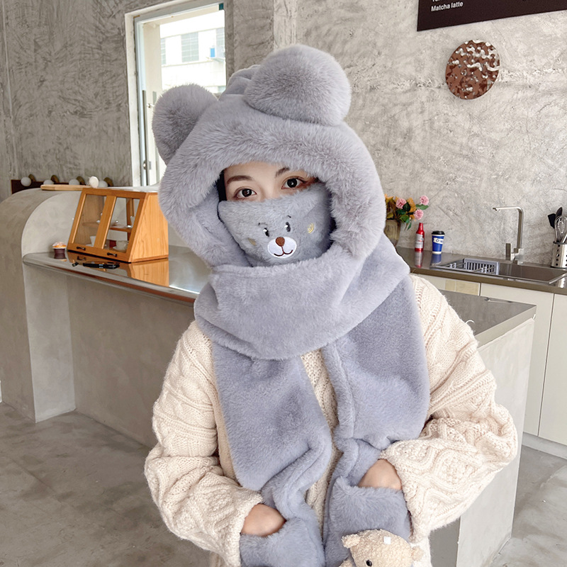 Winter New Bear Hat Mask Scarf Integrated Cute Warm Internet Celebrity Scarf Gloves Hooded Three-Piece Set