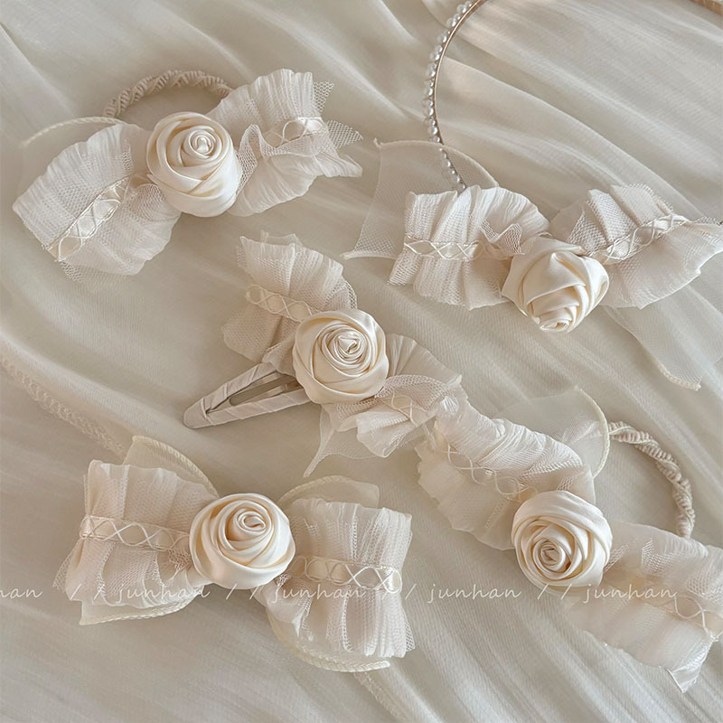 奶昔白玫瑰花朵发夹发卡网纱头花发夹发绳头绳气质发箍发饰女