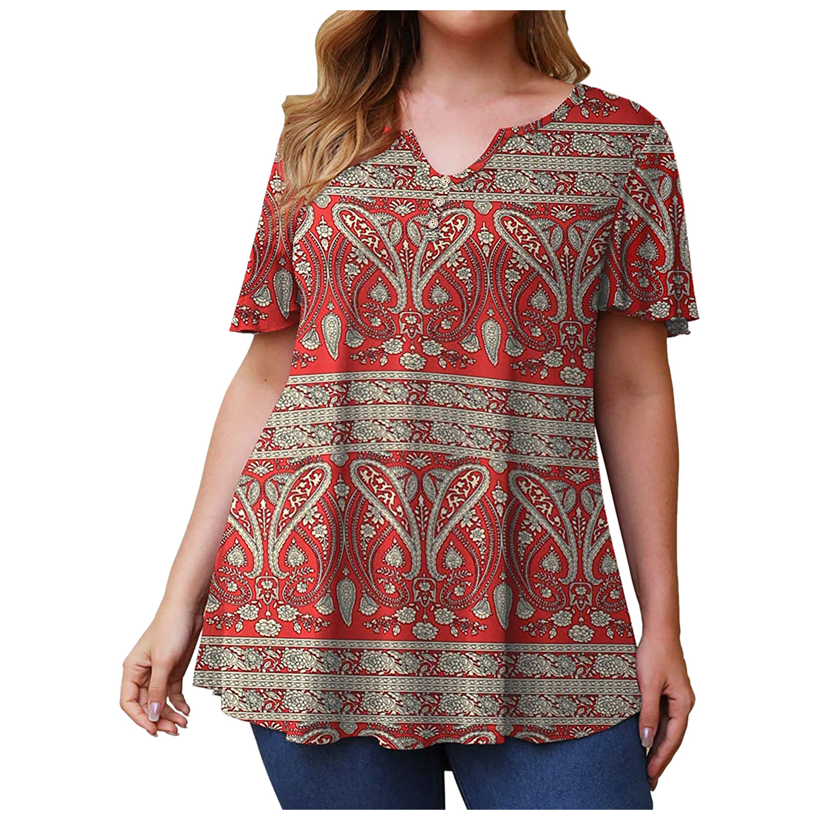 2021欧美夏季女装亚马逊wish新款潮流数码印花宽松v领短袖上衣