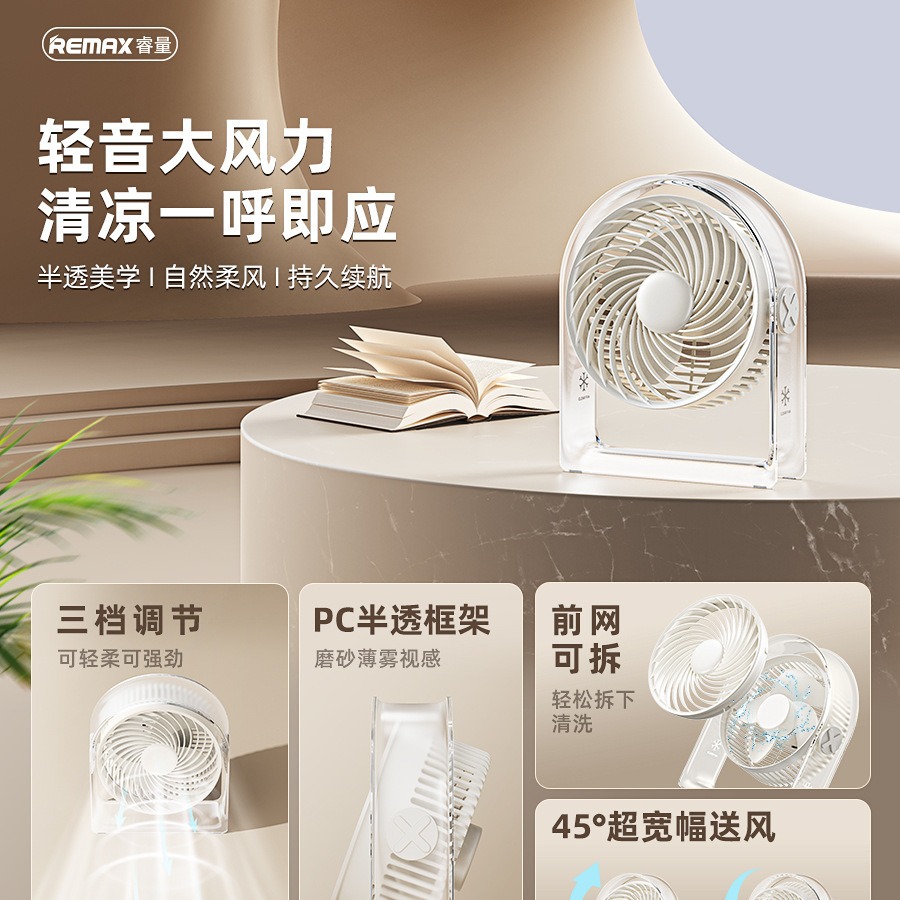 remax大风力桌面风扇长续航便携小风扇三档可调节半透框架rs-zf01