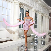 新跨境时髦披肩超闪水钻亮片刺绣粉色抹胸连衣裙奢华高定派对礼服