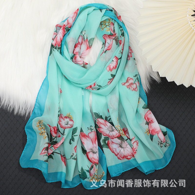 New Printed Chiffon Scarf Middle-Aged Mom Silk Scarf Fashion All-Match Lightweight Gauze Kerchief Women's Day Mother's Day Gift