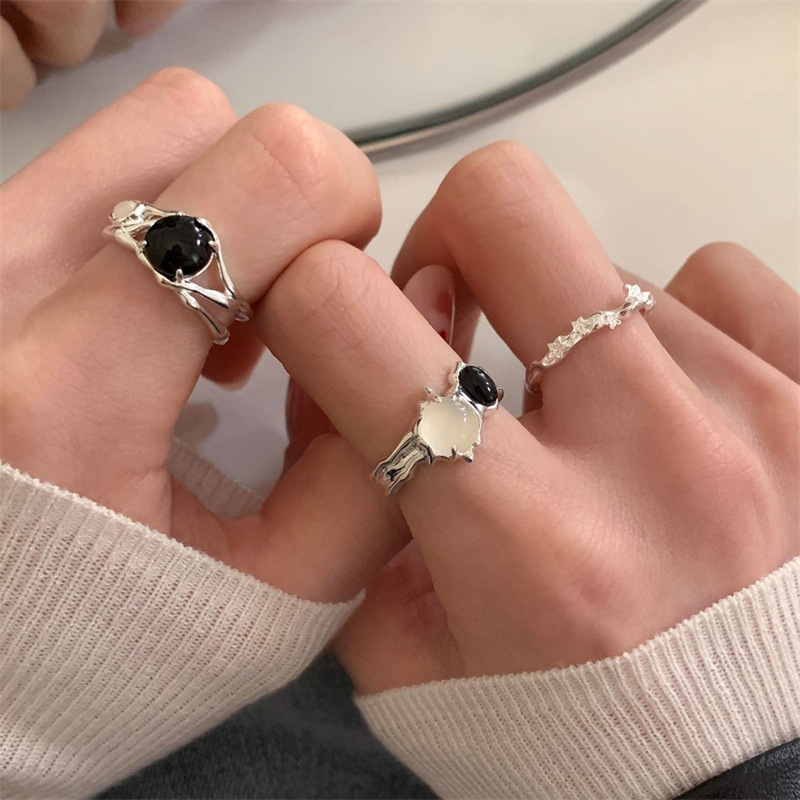 韩版撞色猫眼石戒指女925纯银轻奢气质高级感食指戒星星开口指环
