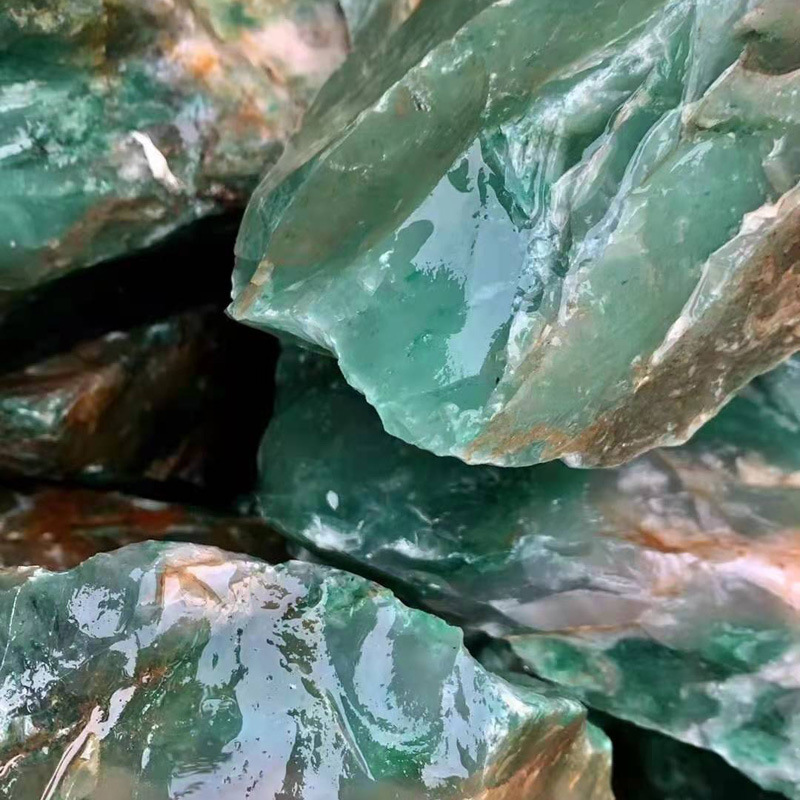 冰种绿飘花非洲翠原石手镯料 玉石手镯雕刻原料矿石 绿色毛料