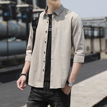 男士衬衫夏季新款韩版修身潮流青年帅气时尚休闲纯棉纯色棉麻衬衣