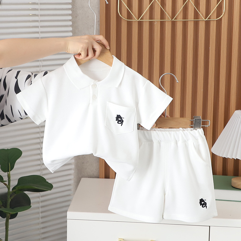 2024 Baby Boy Summer Clothes Suit New Western Style Girls Summer Handsome Short Sleeve Solid Color Polo Children Short Oversleeves