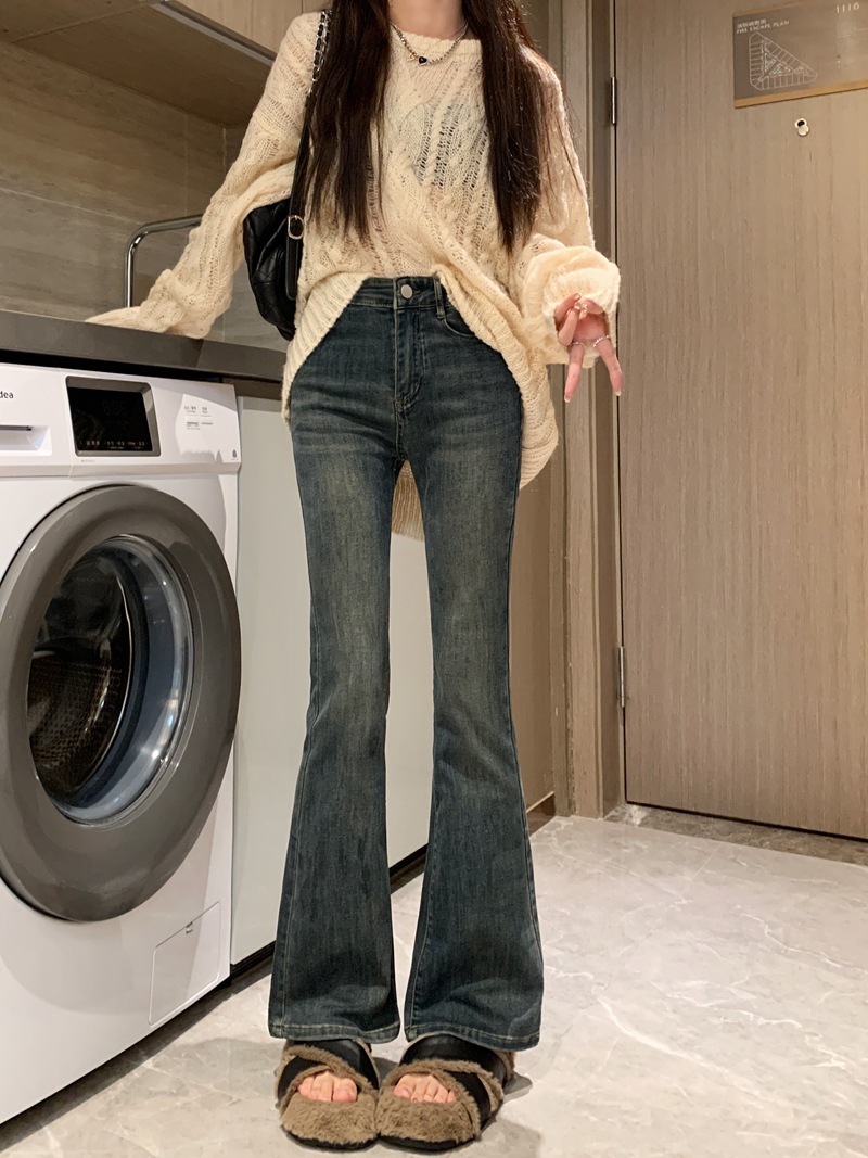 Retro Stretch Denim Trousers Women's Autumn 2023 New Design Sense Slim Fit Slimming Slightly Flared Wide-Leg Pants