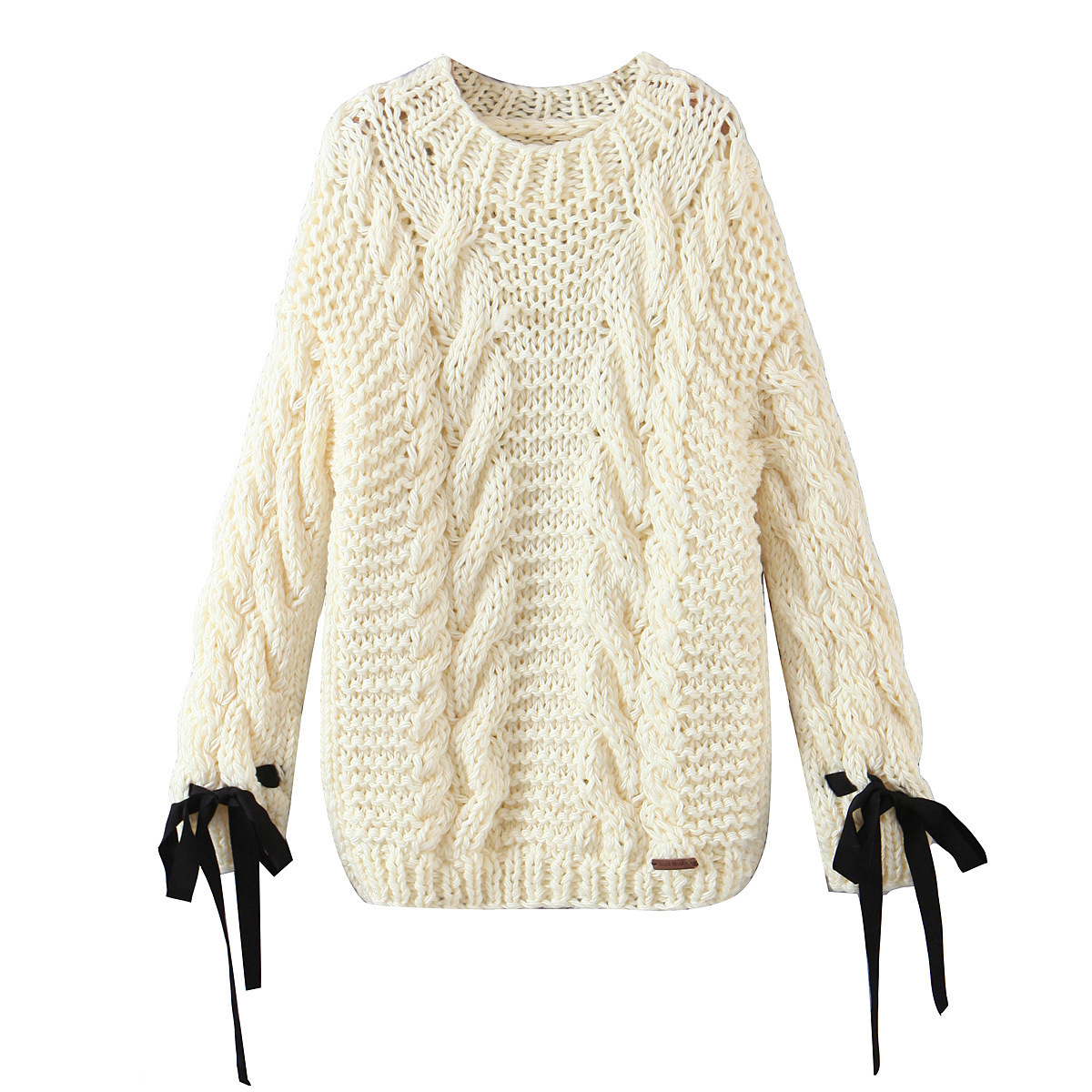 袖口绑带手工粗线编织毛衣女2021秋冬新款宽松慵懒风套头针织衫