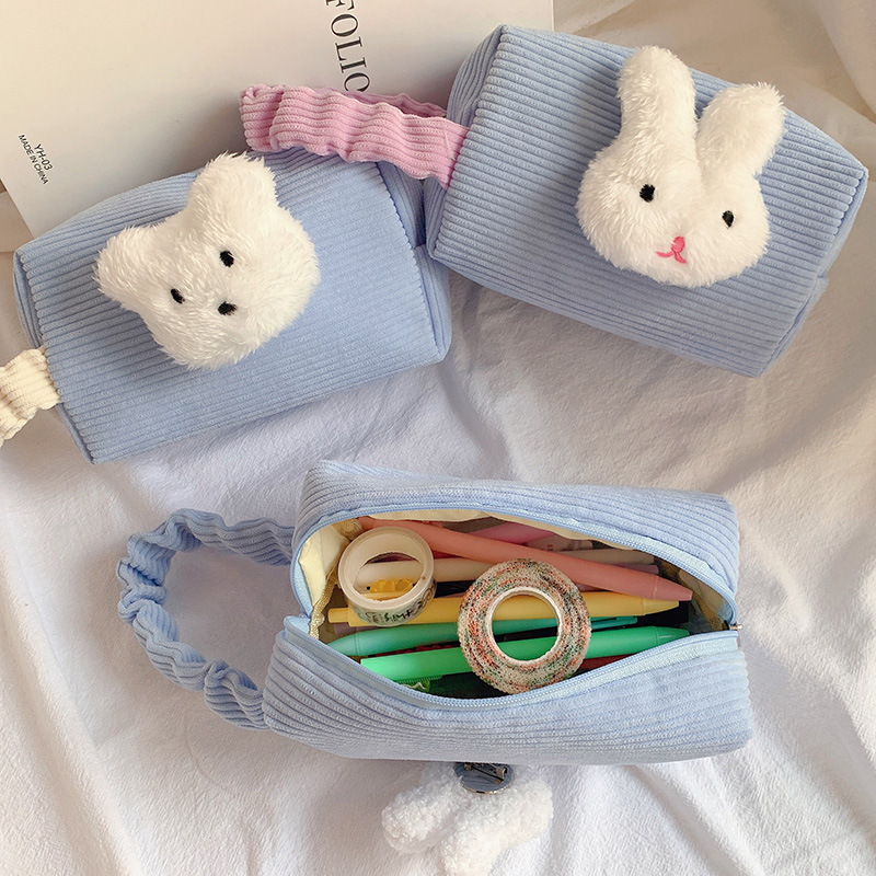 Plaid Bear Storage Bag Girl's Heart Cotton Large Capacity Pencil Case Cosmetic Makeup Brush Wash Bag Stationery Case