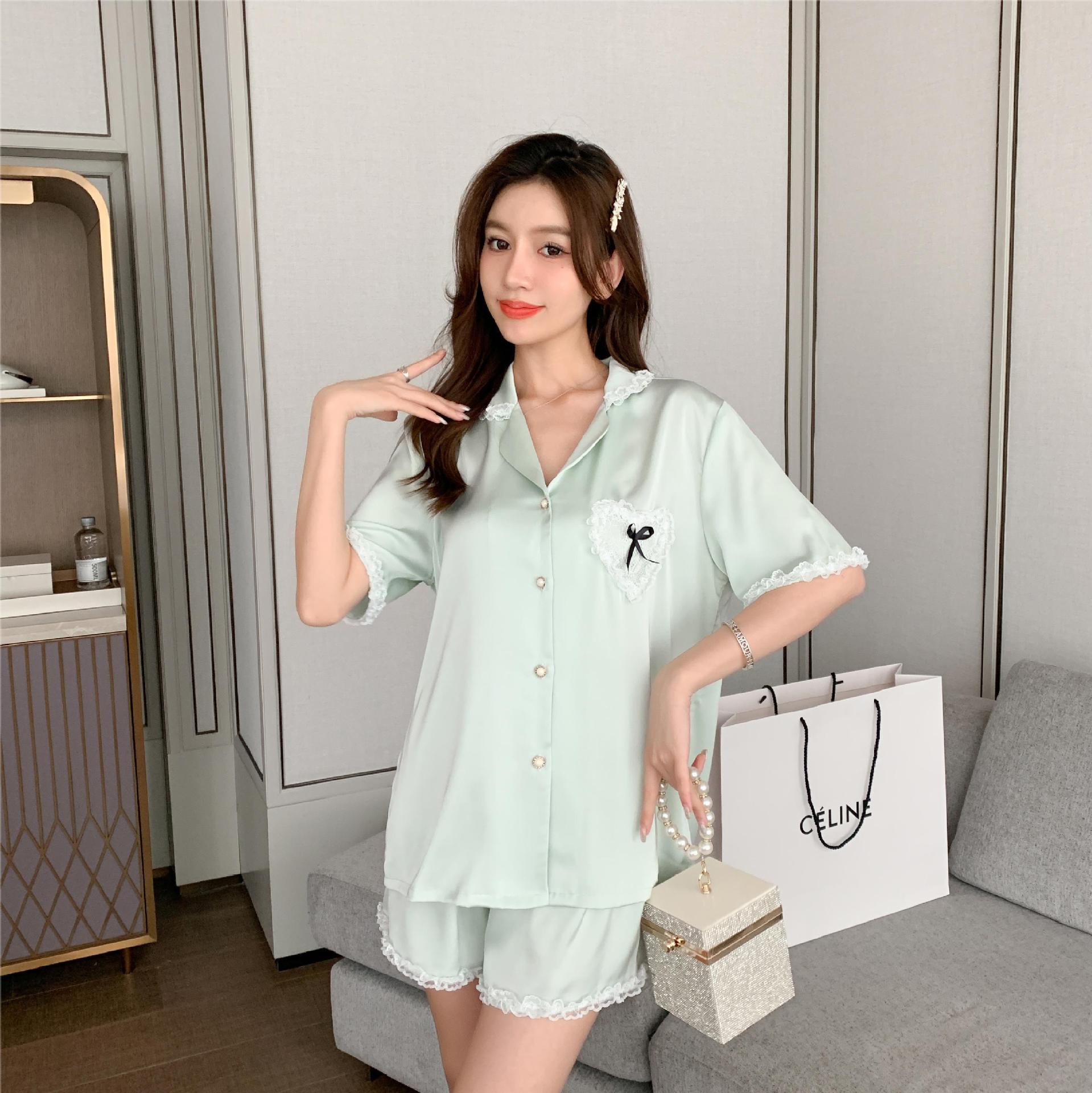 Short Sleeve Pajamas Women's Thin Cardigan Simple Fairy Ice Silk Suit Home Wear Dopamine Lace Heart-Shaped Lace Spring and Summer