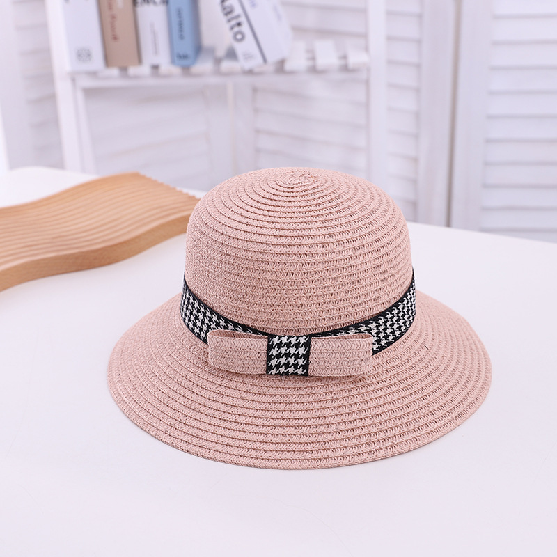 Summer Children's Travel Star Same Style Straw Hat Parent-Child Houndstooth Bucket Hat Sunshade Foldable Baby Beach Hat
