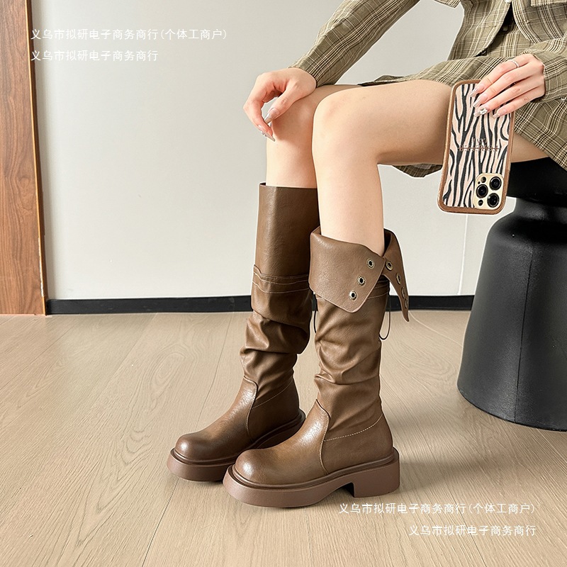 长筒靴靴女底棕色褶皱两穿厚拉德不过内增高骑士靴膝美堆堆
