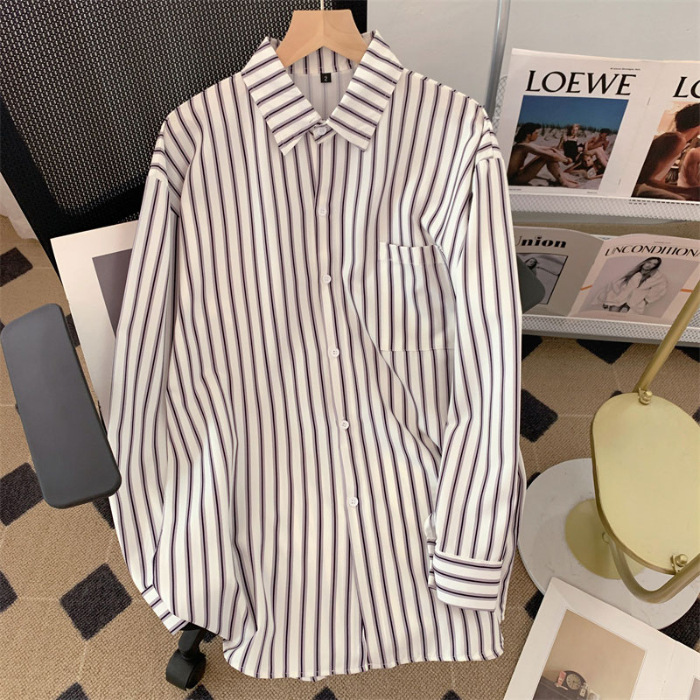 Hong Kong Style Retro Striped Long-Sleeved Shirt Dignified Sense of Design 2023 Autumn New Korean Style Loose and Lazy Style Top for Women