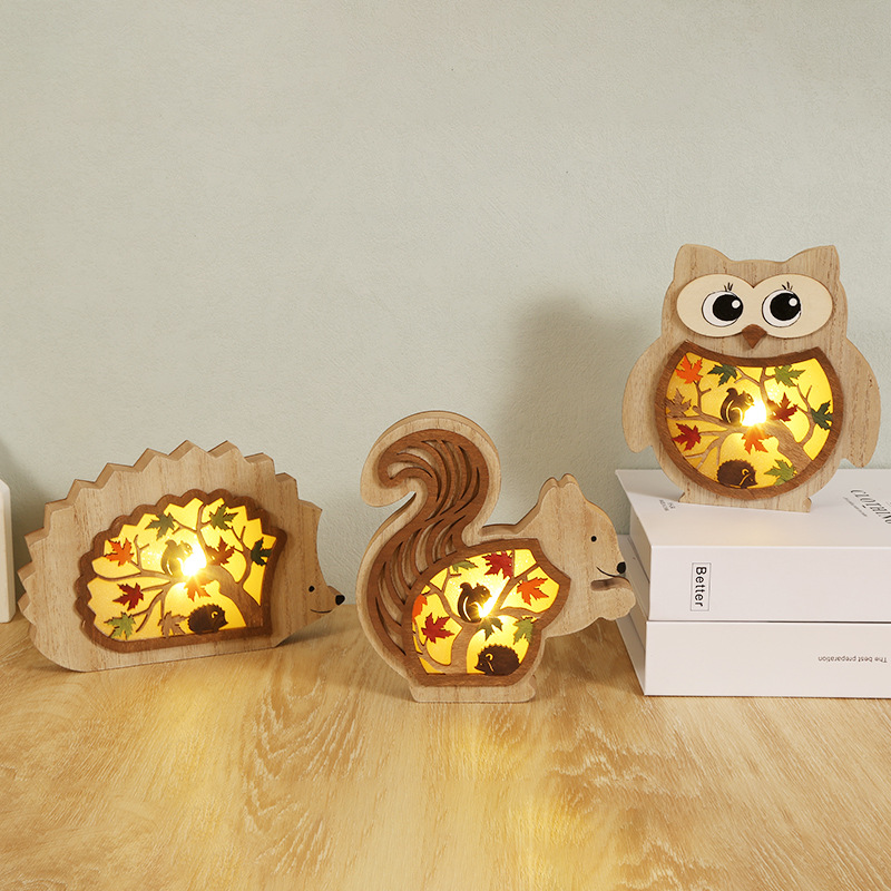 Creative Wooden Crafts Owl Squirrel Decoration Harvest Festival Party Decoration Wood Carving Luminous Home Decoration