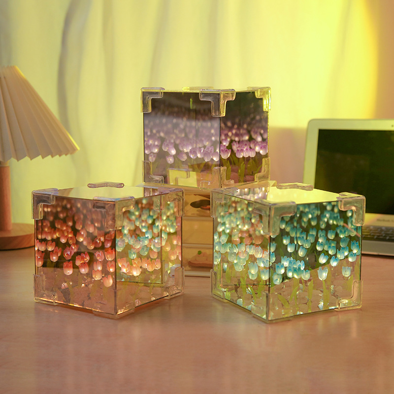 Creative Diy Tulip Flower Sea Cube Three-Dimensional Small Night Lamp Material Package for Girlfriend Couple Girlfriends Three-Eight Gift