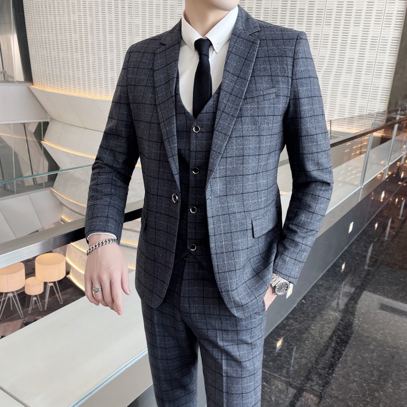 四季修身时尚格子西服套装男士新款商务休闲婚礼职业装西装三件套
