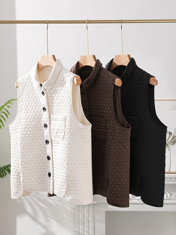 2023秋冬新款菱形格棉服女装真丝外套小香风马甲保暖桑蚕丝批发