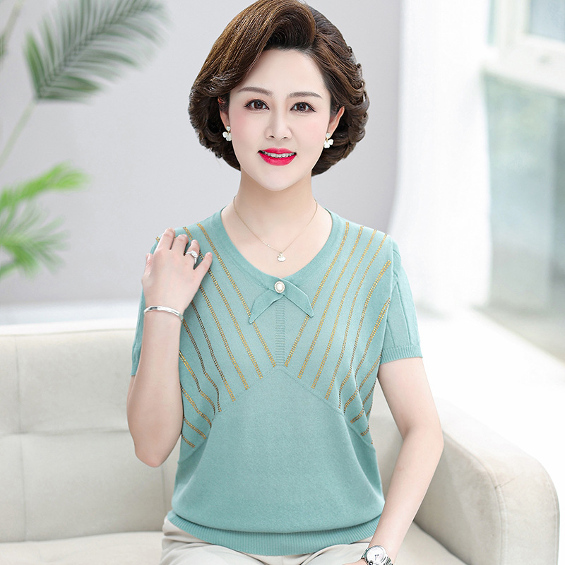 Mom Summer Wear Western Style Short-Sleeved Shirt 40-Year-Old 50 Middle-Aged and Elderly Women Summer Fashion Temperament Ice Silk T-shirt Small Shirt