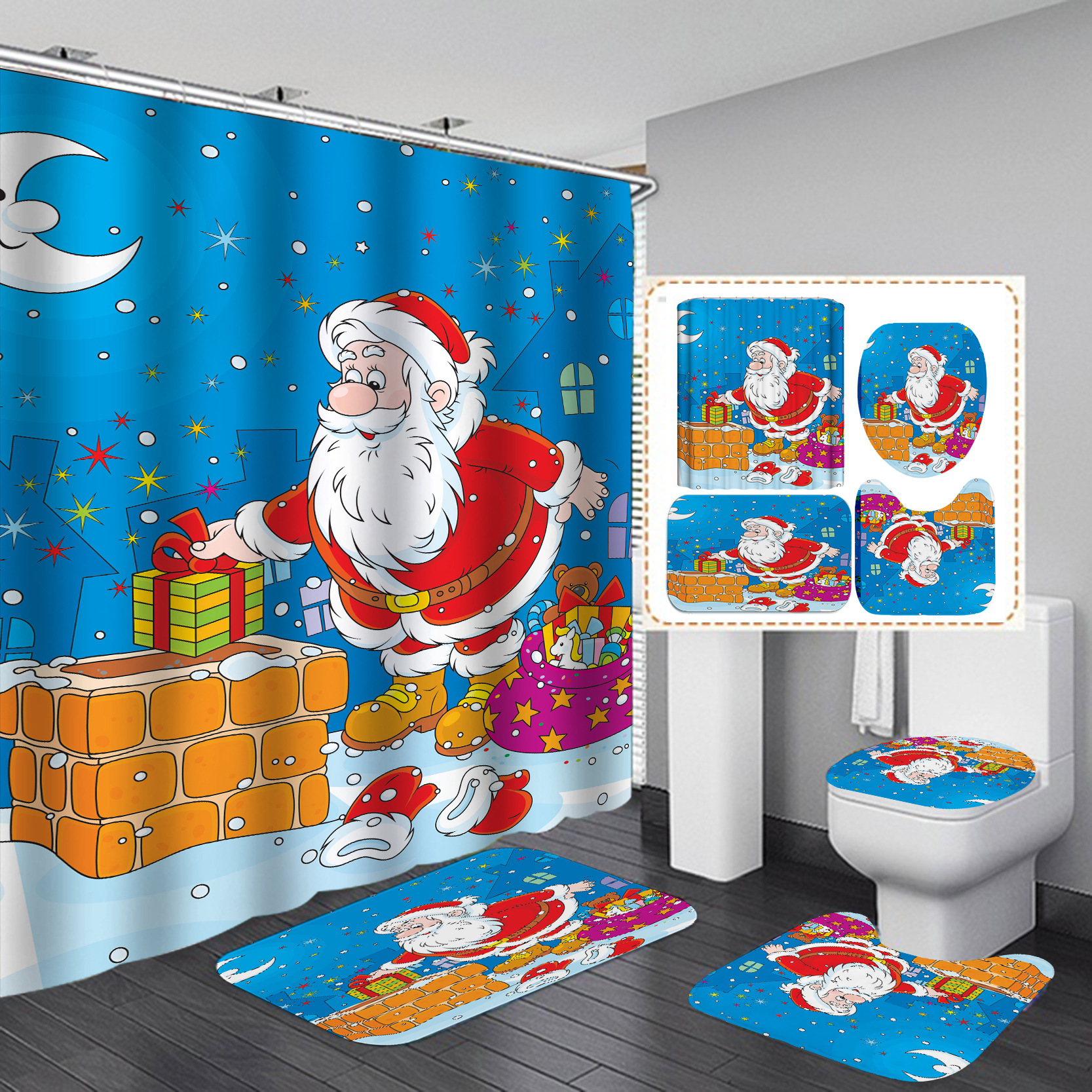 Cross-Border Direct Sales Christmas Shower Curtain Set Series Waterproof Punch-Free Partition Curtain Bath Curtain Hotel Rain Curtain