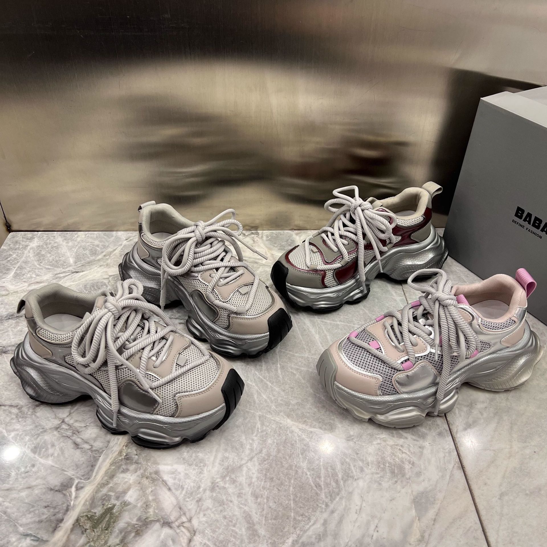 厚底银色老爹鞋女2024早春新款真皮网面透气增高松糕休闲运动鞋