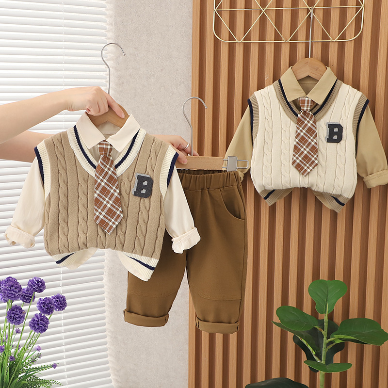 Boys Autumn Clothing Suit Tie B- Shaped Sweater Three-Piece Set 2023 New 1-2-4 Years Old Children's Wear Casual Fashionable