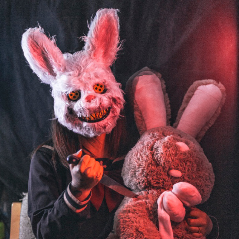 恶魔兔子面具全脸恐怖血腥头套万圣节毛绒可爱情趣拍照道具网红