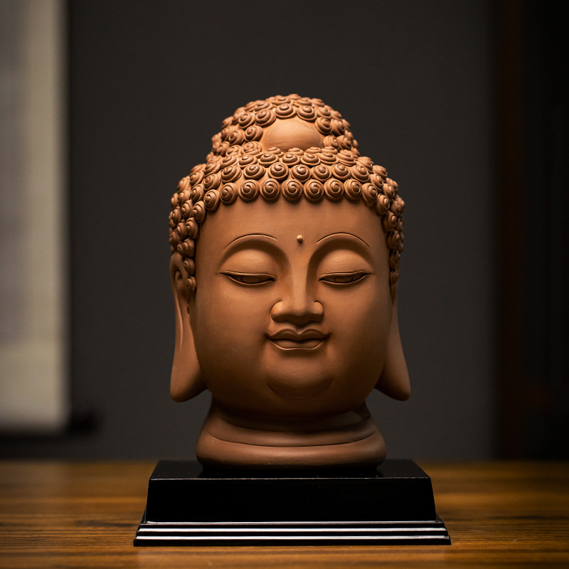 新中式紫砂佛头佛首佛像禅意摆件陶瓷东南亚如来佛玄关走廊装饰品