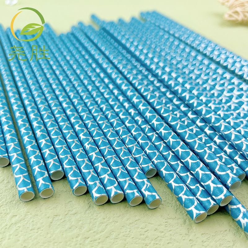 Spot Party Decoration Drink Straw Blue Mermaid Tail Pattern Paper Degradable Disposable Paper Straw