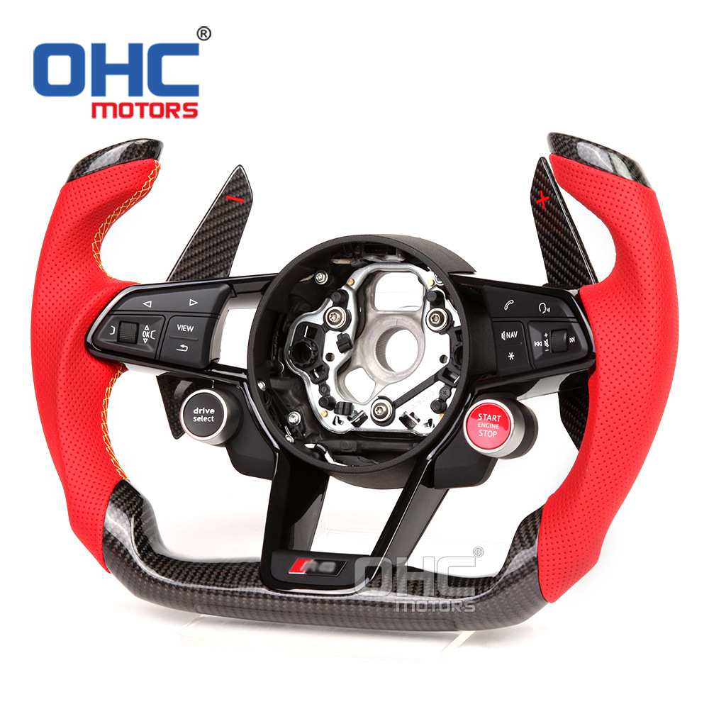 适用于奥迪全系改打孔皮碳纤维 飞机盘跑车r8方向盘总成改装红色