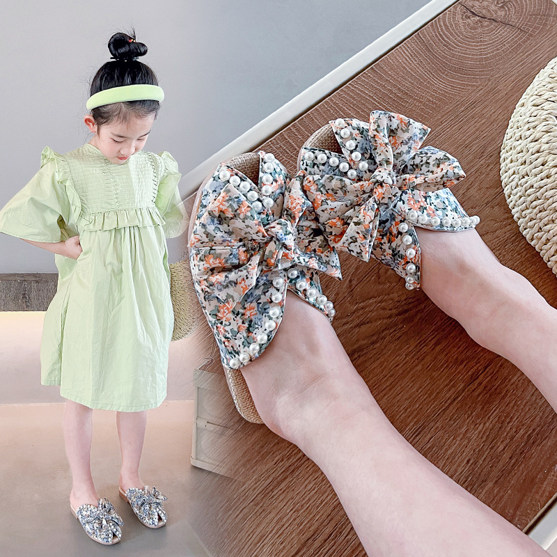 Girls' Classic Style Slippers 2023 Summer New Pearl Bow Little Girl Peep-Toe Slippers Medium and Large Kids Shoes