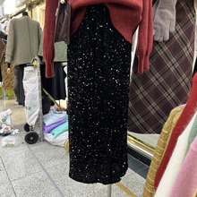 冬季新款韩版宽松高腰橡筋直筒显瘦百搭亮片丝绒半裙女