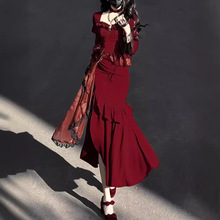 法式赫本风红色丝绒连衣裙子冬装女新款在逃公主生日小礼服