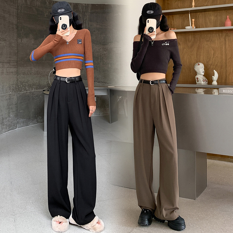 2023 Autumn New Thickened Suit Pants High Waist Drooping Narrow Wide-Leg Pants Straight Lengthened Casual Mopping Pants Women