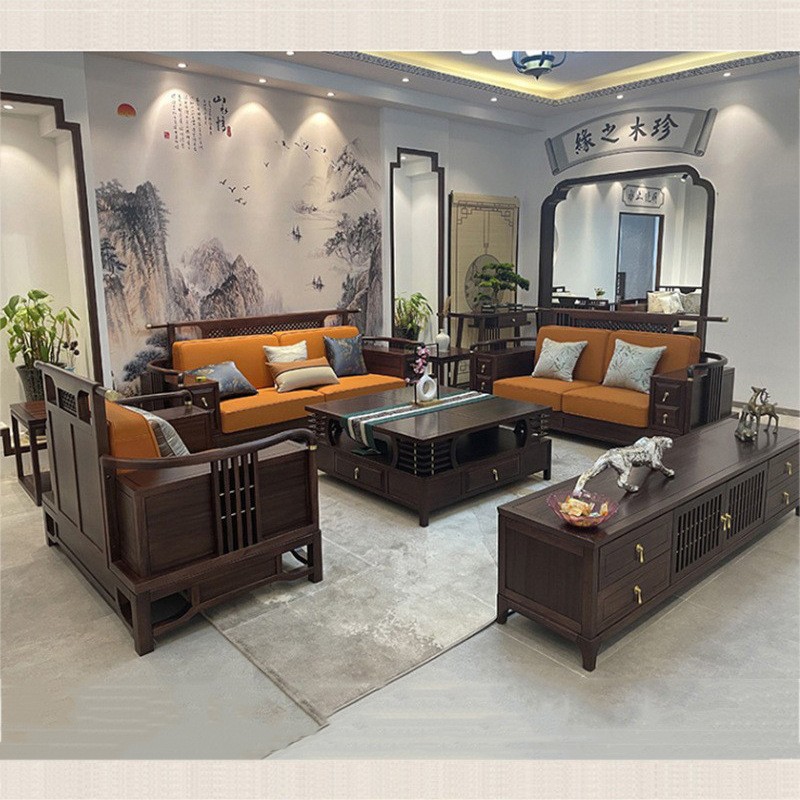 新中式实木沙发组合轻奢别墅乌金木简约大气扶手箱沙发客厅家具