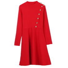 欧美秋冬新款女装套头长袖圆领修身通勤订扣中长款红色针织连衣裙