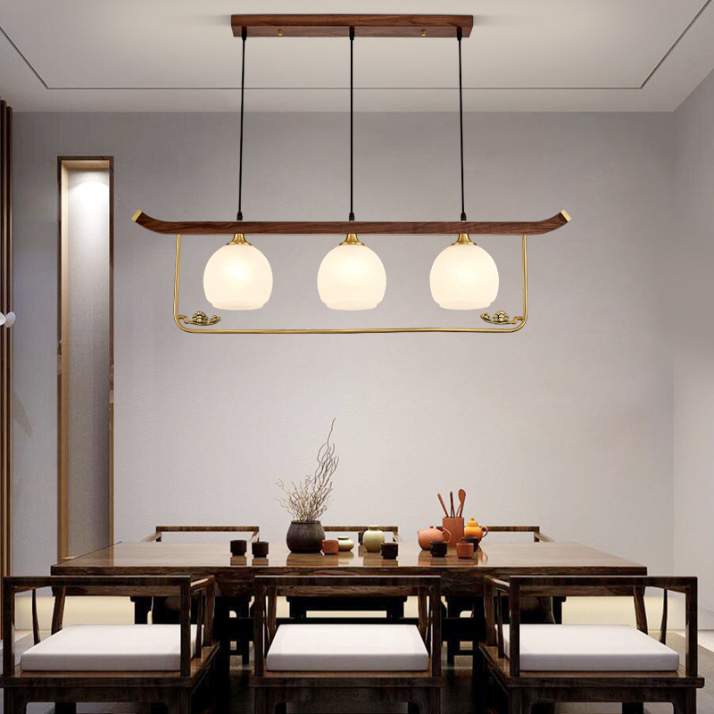 全铜实木餐厅吊灯新中式长条三头禅意胡桃木高端茶室书房餐桌灯具
