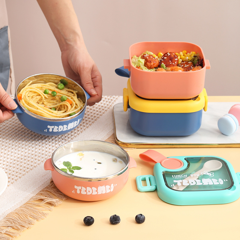 INS Internet Celebrity Children 304 Stainless Steel Lunch Box Lunch Box Insulation Baby and Infant with Spoon Scissors Set Solid Food Bowl