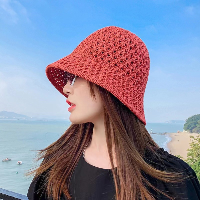 Summer Sun Protection Hat Women's Internet Celebrity Ins Japanese and Korean Style Bucket Hat Hollow out Fisherman Basin Hat Outdoor Knitted Sun-Covering