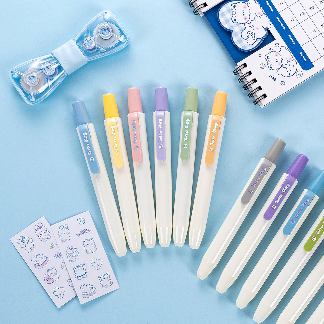 麦和 奶糖日记按动荧光笔(3支/套装)手账标记笔 涂鸦彩绘笔