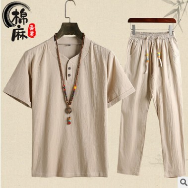 夏季新款男士纯色短袖T恤V领中国风棉麻宽松休闲亚麻套装工厂直供