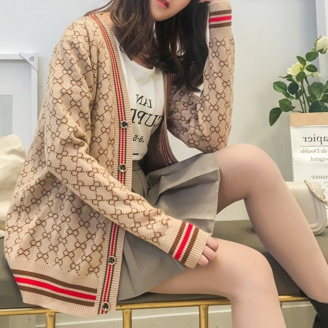 2023秋季新款毛衣开衫女长袖花色v领学生上衣针织衫女士毛衣外套