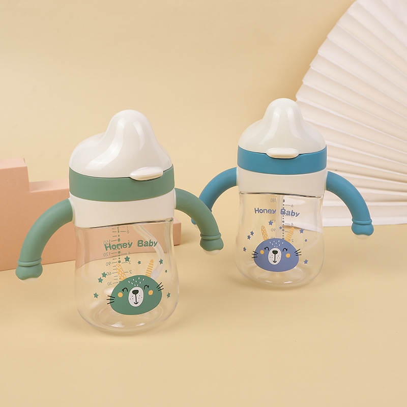 [honey baby] factory direct supply baby cartoon wide mouth feeding bottle children‘s straw cup wide caliber baby feeding bottle