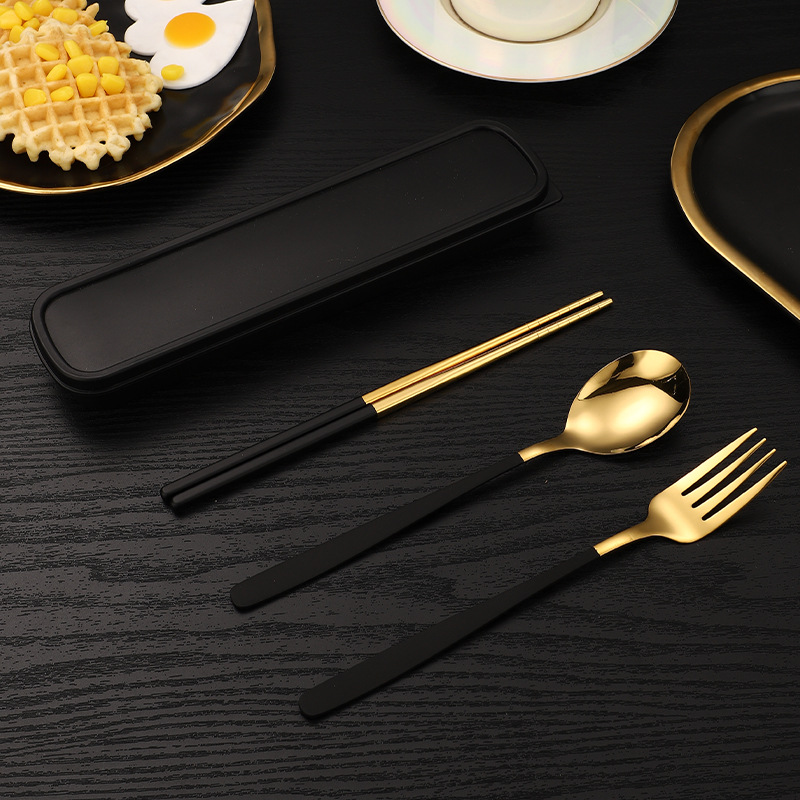 Wholesale Stainless Steel Korean Tableware Portable Student Spoon Fork Chopsticks Three-Piece Outdoor Storage Box Gift Set