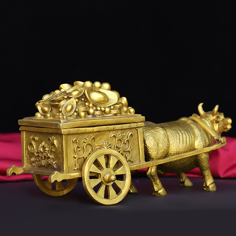 纯铜牛摆件铜牛拉车摆件纯铜生肖牛水牛金钱牛拉元宝家居饰品摆件