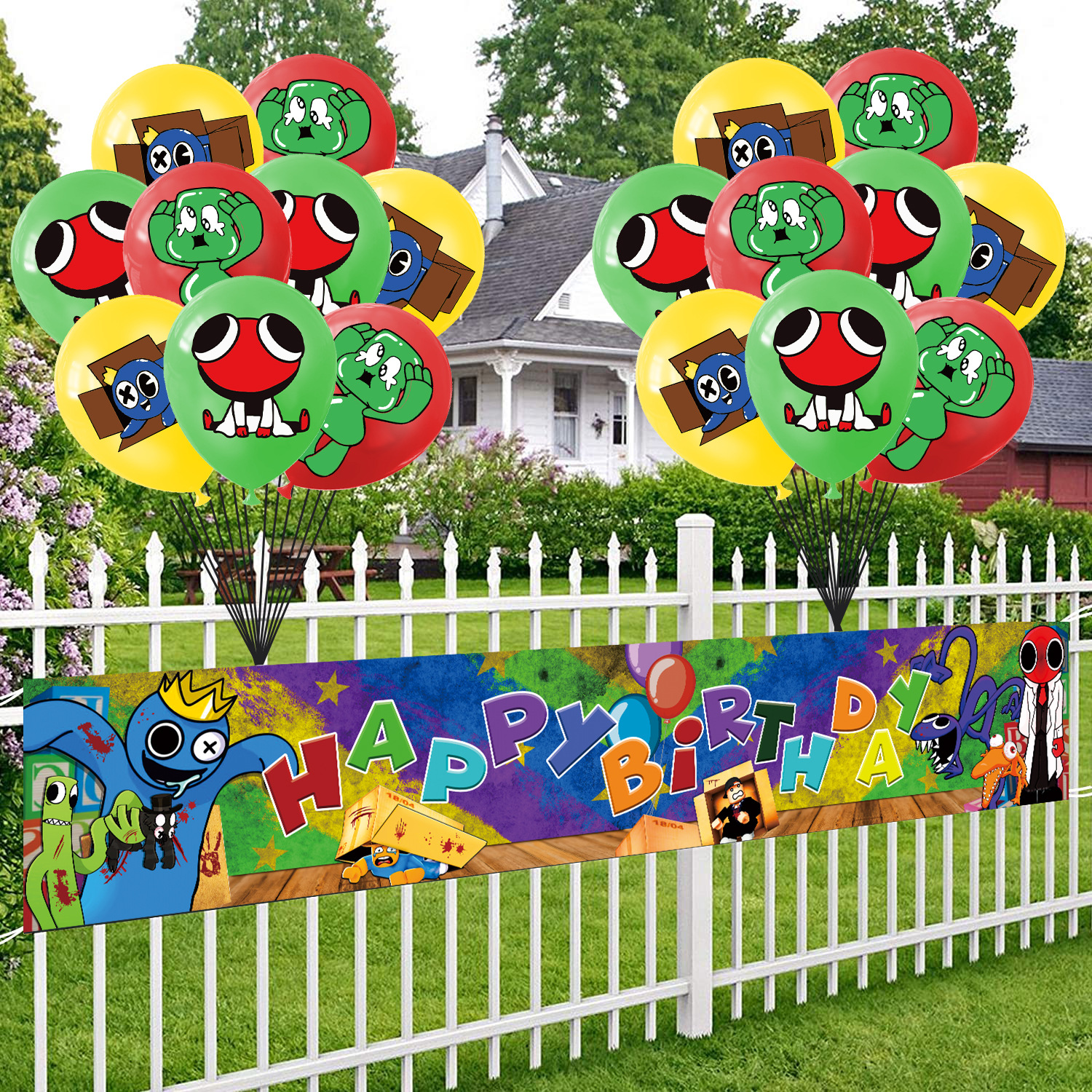 Rainbow Friends Outdoor Garden Banner Banner Birthday Party Decoration Supplies Yard Flag Banner Balloon Set