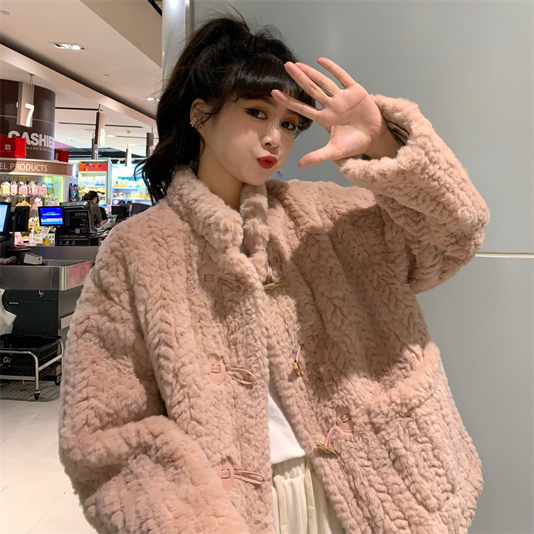 Milky White Classic Style Horn Button Autumn and Winter Lamb Wool Coat Women's New High Sense Petite Cotton-Padded Coat Design Sense